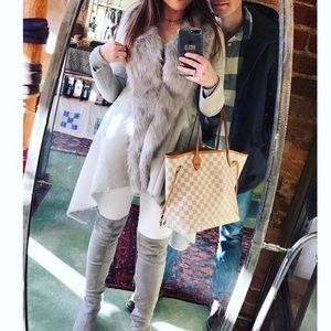 BEBE gray suede coat with faux fur trim